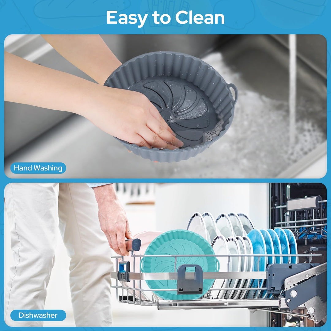 Alyvisun Air Fryer Silicone Liners, 2PCS Reusable Airfryer Basket Baking Tray Inserts Versatile Round Rack Pot for Microwave, Oven, Grey+Blue
