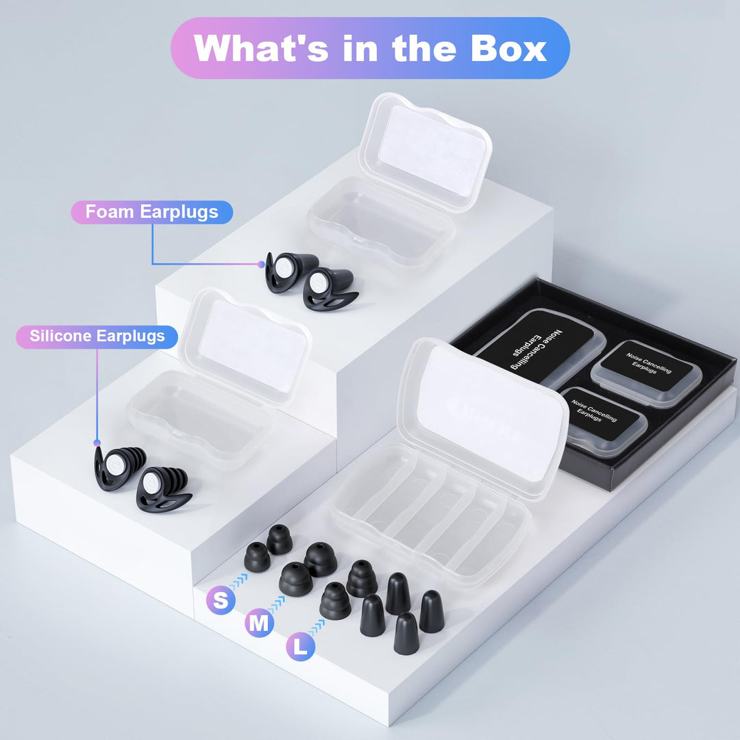 Alyvisun 2 Pair Noise Cancelling Ear Plugs for Sleep with Portable Storage Cases, Reusable Silicone Sleeping Ear Plugs and Ultra Soft Foam Earplugs in Different Sizes, Max 25dB
