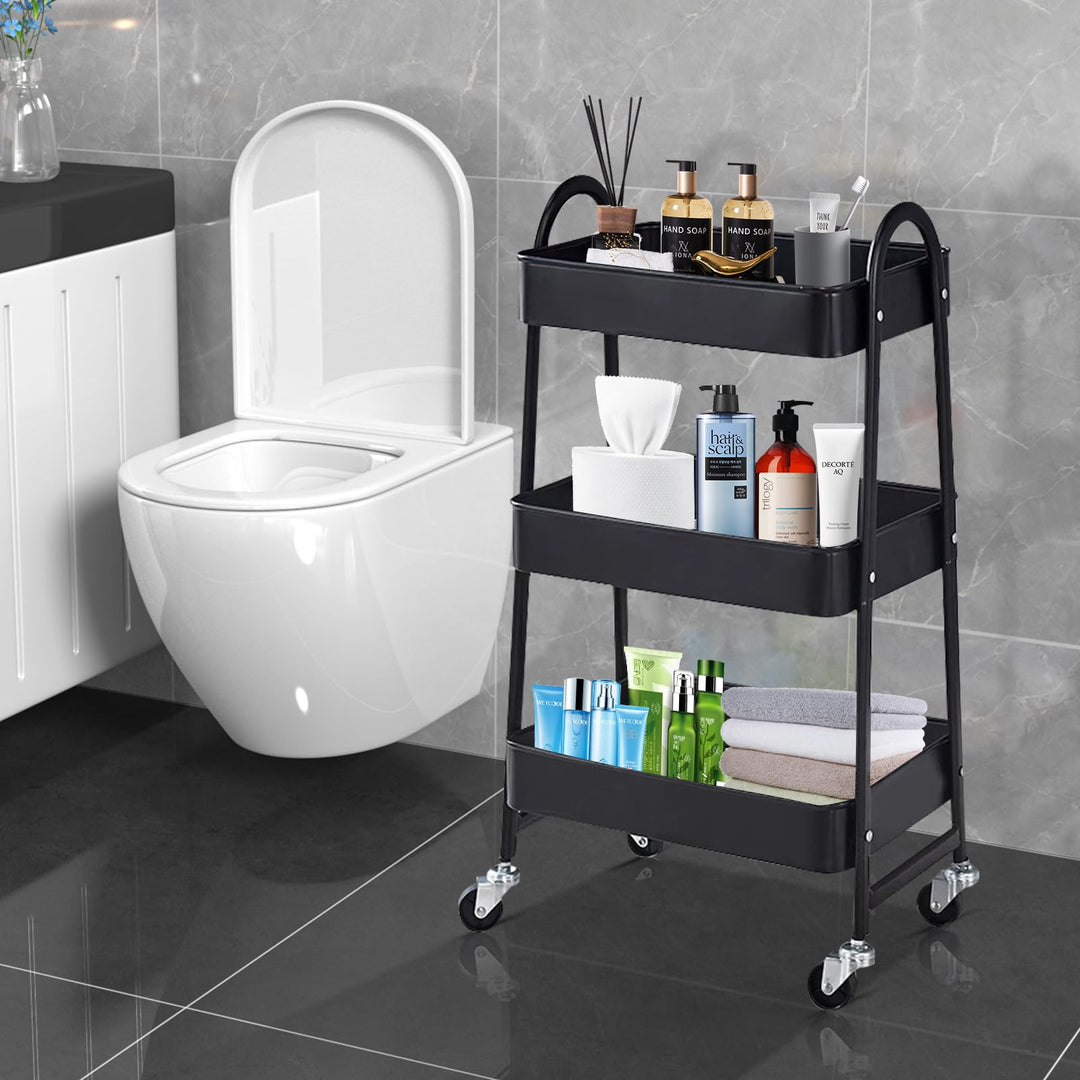 3 Tier Metal Rolling Cart with Handle and Lockable Wheel, Multifunctional Utility Cart on Wheel, Heavy Duty Storage Cart with Handle(Black)