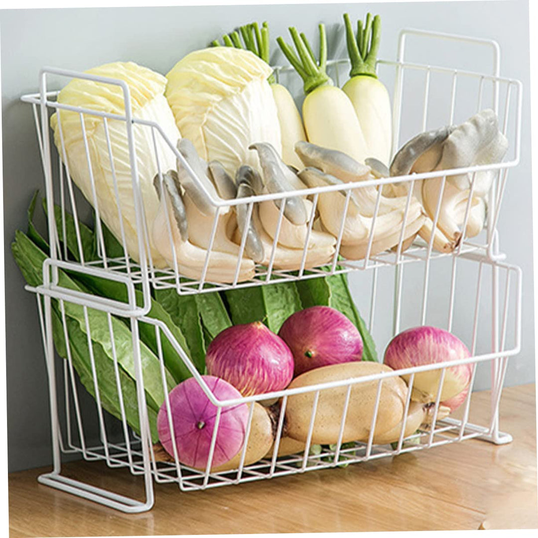 Storage Kitchen Rack Simple Wrought Iron Basket Desktop Wardrobe Clothes Storage Frame for Kitchen Organization(White)