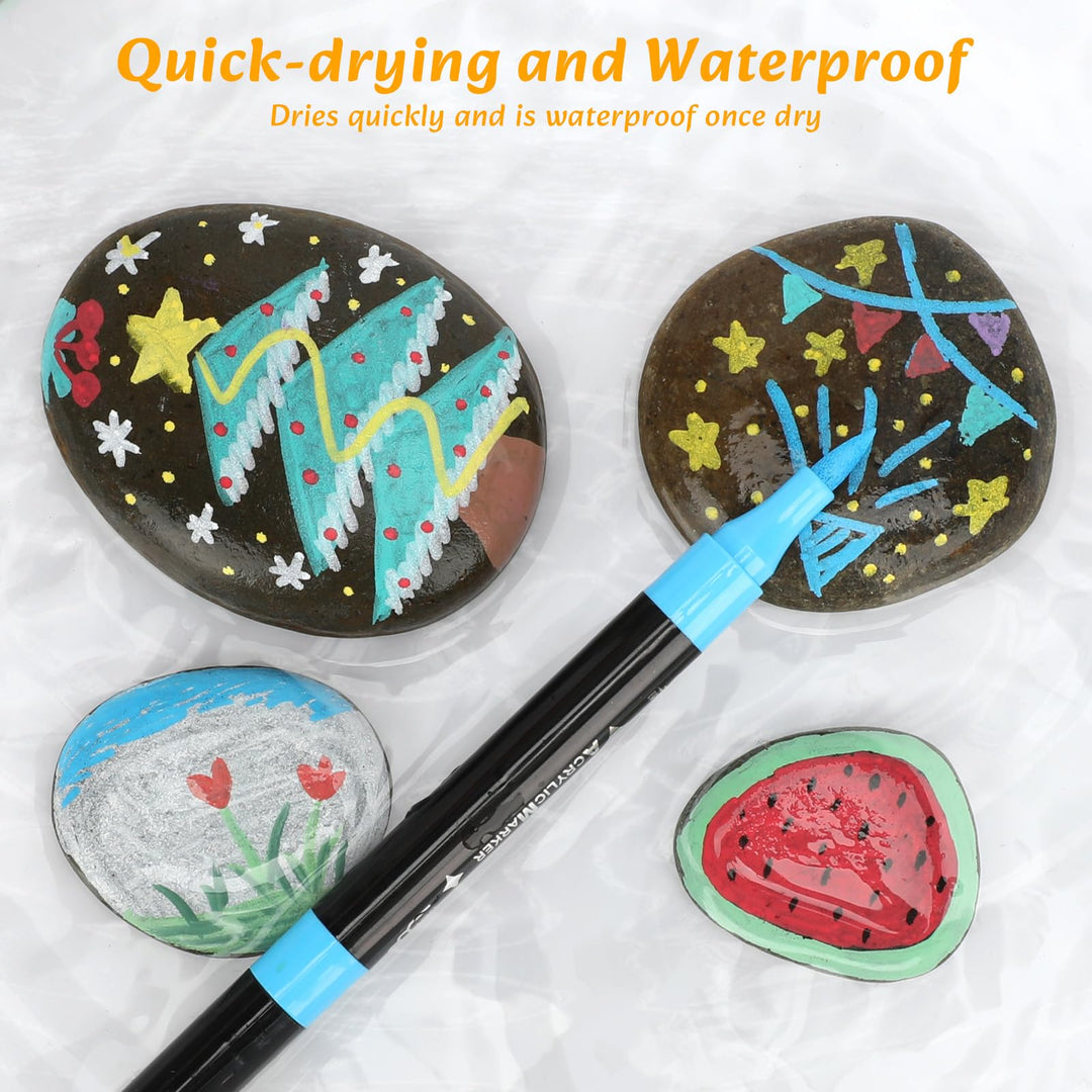 VynyQoo 36 Colours Acrylic Paint Pens Set, Dual Tip Markers, Acrylic Pens for Rock Painting with 0.5cm Extra Fine Tip, Water Based Colouring for Wood Glass Ceramic Fabric for Adults Kids