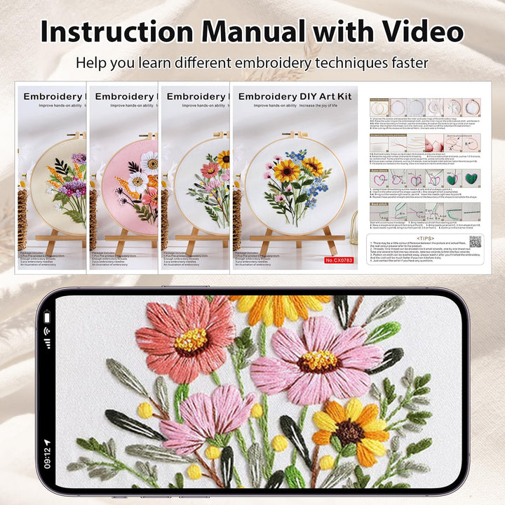 VynyQoo 4pcs Embroidery Kits Flower, Embroidery Kit for Beginners, Embroidery Starter Kit Adults, Stamped Embroidery kit with Flower Pattern, DIY Craft Embroidery with Video Tutorial Instruction