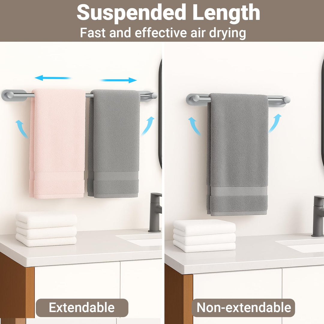 Alyvisun Self Adhesive Towel Rail, Stainless Steel Towel Holder, Retractable from 37cm to 57.5cm, Towel Rail Wall Mounted for Kitchen Bathroom Towel Rails Easy to Install, Silvery
