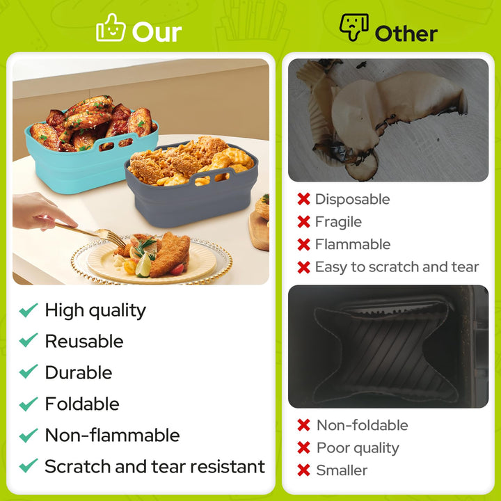 Alyvisun Air Fryer Silicone, 4PCS Reusable Dual Airfryer Accessories Liner Foldable Baking Rack Moulds Rectangular Basket Versatile Non Stick Tray (Blue+Grey)
