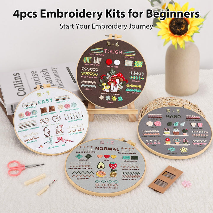 VynyQoo 4pcs Embroidery Kits for Beginners, Embroidery Kit for Adults, Embroidery Starter Kit to Learn 40 Different Stitches, DIY Craft Embroidery Set with Video Tutorial and Instruction