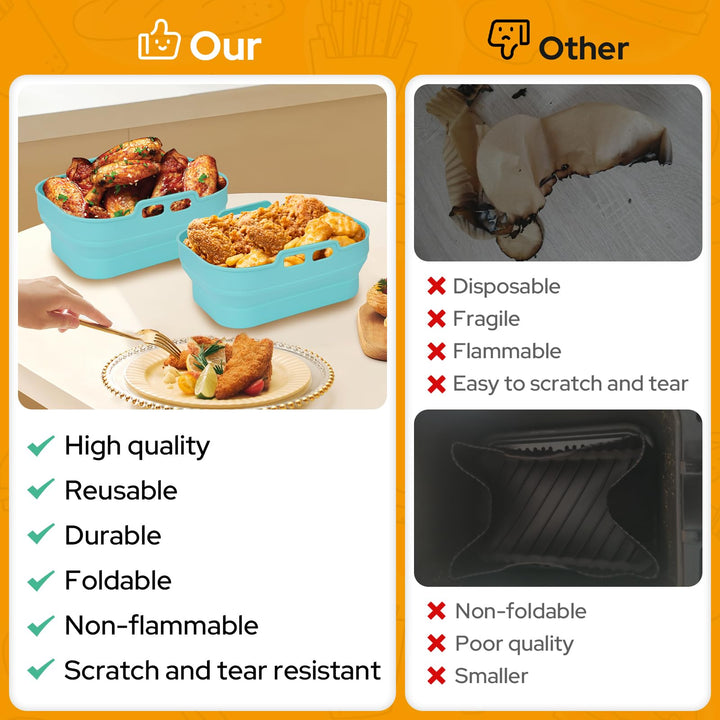 Alyvisun Air Fryer Silicone, 2PCS Reusable Dual Airfryer Accessories Liner Foldable Baking Rack Moulds Rectangular Basket Versatile Non Stick Tray (Blue)