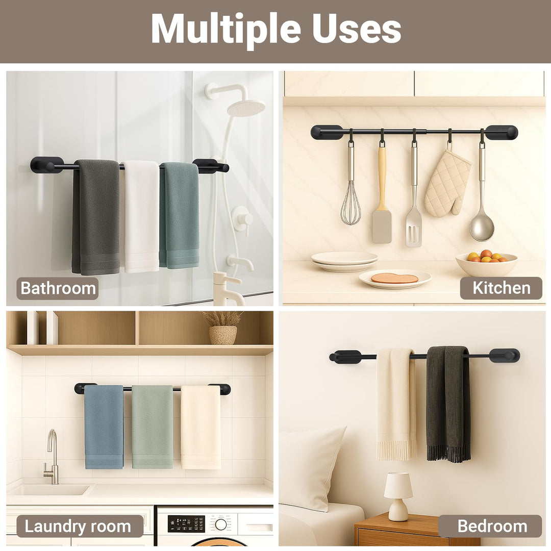 Alyvisun Self Adhesive Black Towel Rail, Stainless Steel Towel Holder, Retractable from 37cm to 57.5cm, Towel Rail Wall Mounted for Kitchen Bathroom Towel Rails Easy to Install