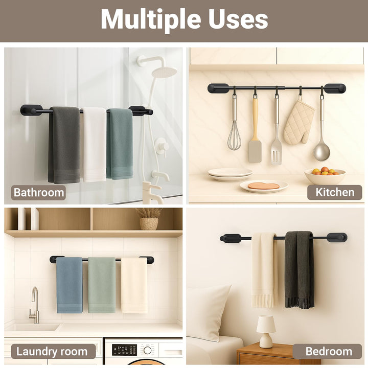 Alyvisun Self Adhesive Black Towel Rail, Stainless Steel Towel Holder, Retractable from 37cm to 57.5cm, Towel Rail Wall Mounted for Kitchen Bathroom Towel Rails Easy to Install