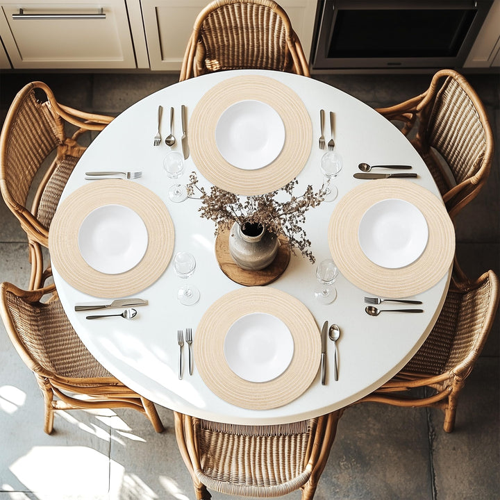 Braided Round Placemats Set of 6, Woven Washable Non-Slip Table Mats for Kitchen Dining, 15 Inch, Heat Resistant - Natural Fabric Indoor Outdoor Place Mats