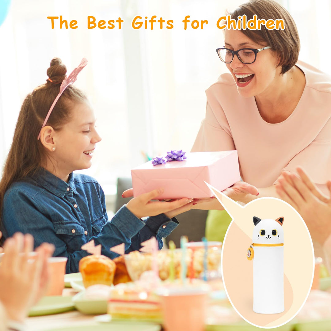 VynyQoo Pencil Case Kawaii Silicone, Pencilcase Expandable 2 in 1, Cute Pen Case, Zippered Pen Pouch for Kids, Desk Table Pen Holder Multifunctional, White cat