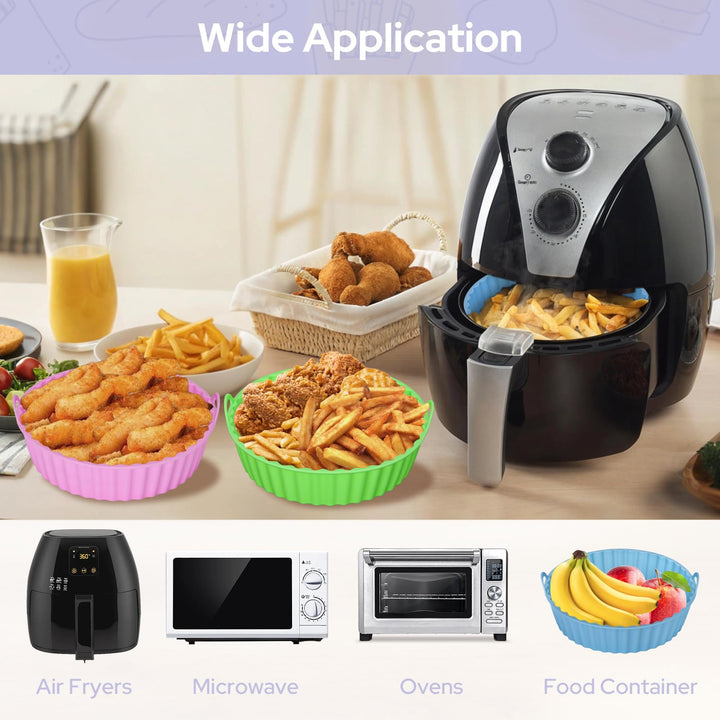 Alyvisun Air Fryer Silicone Liners, 3PCS Reusable Airfryer Basket Baking Tray Inserts Versatile Round Rack Pot for Microwave, Oven, Pink+Green+Sky Blue