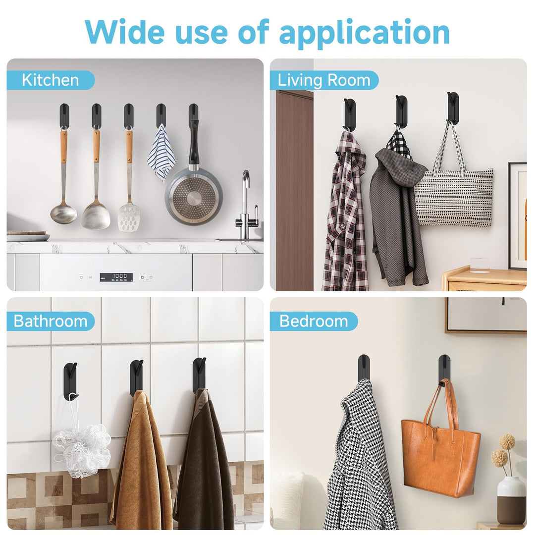 Alyvisun 5Pcs Self Adhesive Hooks, Stainless Steel Stick On Wall Hanging Hooks Heavy Duty, Strong Adhesive Sticky Hooks for Bathroom, Kitchen, Cupboard, Back of Door (Black)