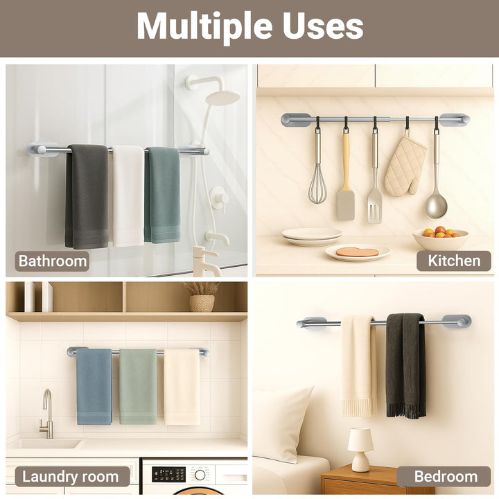 Alyvisun Self Adhesive Towel Rail, Stainless Steel Towel Holder, Retractable from 37cm to 57.5cm, Towel Rail Wall Mounted for Kitchen Bathroom Towel Rails Easy to Install, Silvery