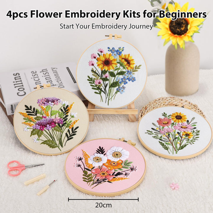 VynyQoo 4pcs Embroidery Kits Flower, Embroidery Kit for Beginners, Embroidery Starter Kit Adults, Stamped Embroidery kit with Flower Pattern, DIY Craft Embroidery with Video Tutorial Instruction