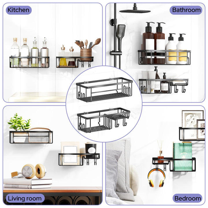 Alyvisun 2 Pack Large Capacity Shower Caddy with Strong Adhesive & Load Bearing, Stainless Steel Bathroom Shelves with Soap Holder and Hooks, Rustproof Shower Storage Caddy No Drilling