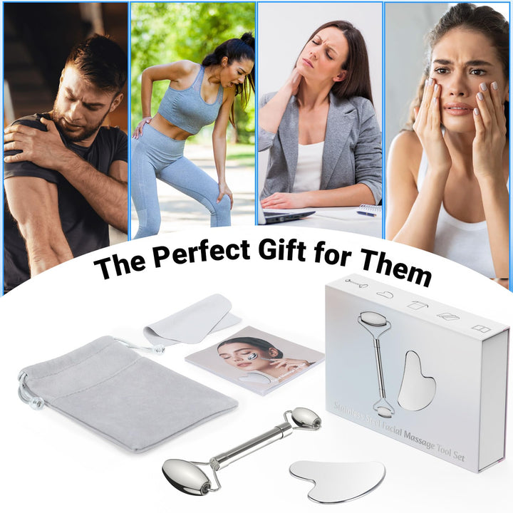 Alyvisun Gua Sha Set, Gua Sha Board & Face Roller Stainless Steel, Gua Sha Tool Skin Depuffing, Cold Uplift Facial Massage Beauty Device with Carrying Bag & Cleaning Cloth Gifts for Women