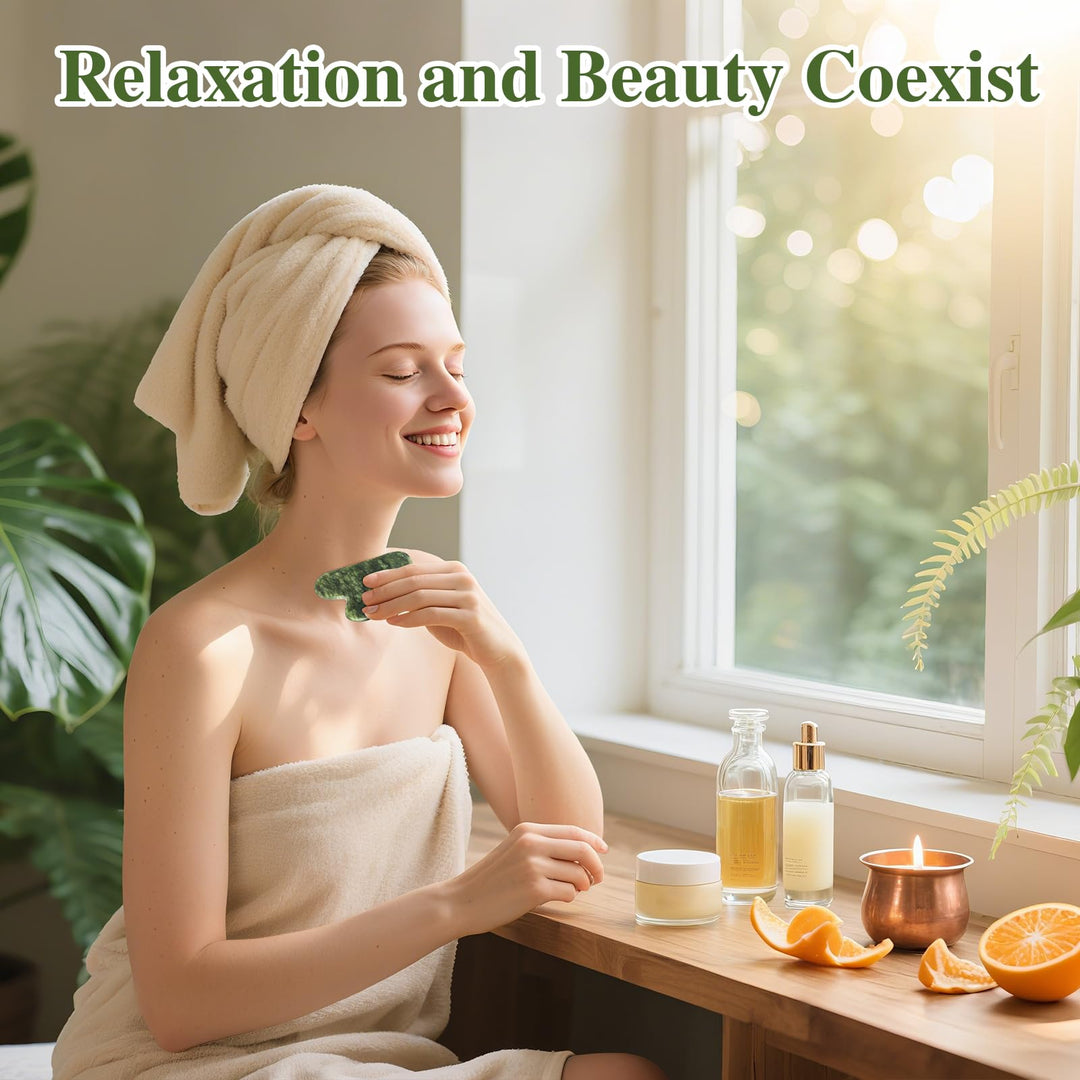Alyvisun Natural Green Jade Gua Sha Set and Jade Roller,for Neck and Body Massage Tool, Facial Massage Board for Relieving Puffiness and Jawline Improving with User Manual, Skincare Gift for Women