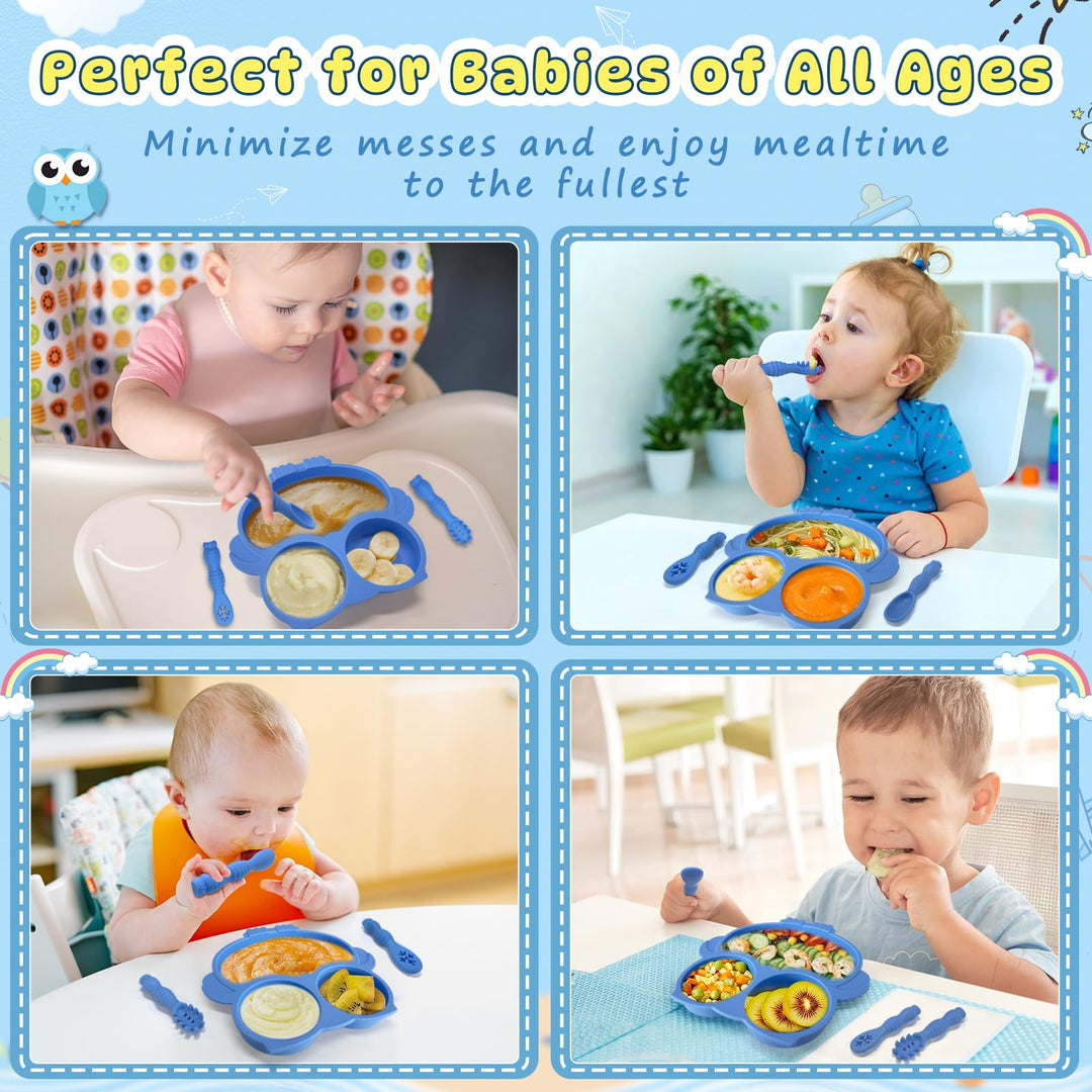 Alyvisun Owl Silicone Suction Plate for Baby, Toddler Cutlery with 3 Spoon Fork Non-Slip Weaning Bowls Feeding Divided Plates Set for High Chairs Tray (Blue)