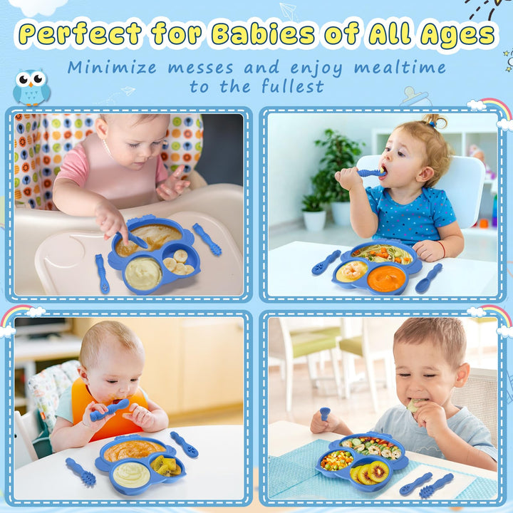 Alyvisun Owl Silicone Suction Plate for Baby, Toddler Cutlery with 3 Spoon Fork Non-Slip Weaning Bowls Feeding Divided Plates Set for High Chairs Tray (Blue)