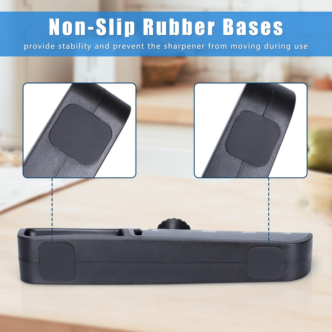 Alyvisun Kitchen Knife Sharpener, Manual 4 in 1, Ergonomic Handle, Non-Slip Base (Black)