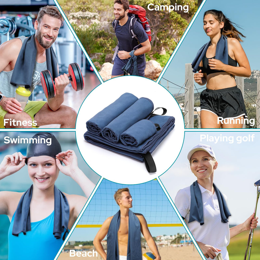 Alyvisun 4Pcs Microfibre Towel Set, Quick Dry Travel Towel [Compact & Ultralight], Super Absorbent Sports Towel in 3 Sizes for Swimming Beach Running Cycling Gym Yoga - Blue