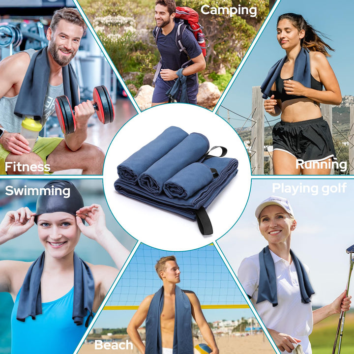Alyvisun 4Pcs Microfibre Towel Set, Quick Dry Travel Towel [Compact & Ultralight], Super Absorbent Sports Towel in 3 Sizes for Swimming Beach Running Cycling Gym Yoga - Blue