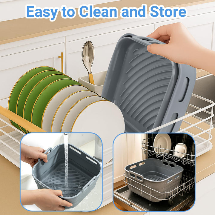Alyvisun Silicone Oil Brush, 3PCS Airfryer Liners Foldable Baking Trays Reusable Air Fryer Rack Versatile Accessories Baskets Square Inserts for Microwave, Oven, Grey