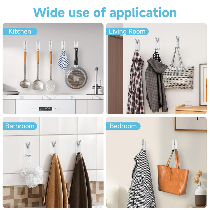 Alyvisun 5Pcs Self Adhesive Hooks, Stainless Steel Stick On Wall Hanging Hooks Heavy Duty, Strong Adhesive Sticky Hooks for Bathroom, Kitchen, Cupboard, Back of Door (Silver)