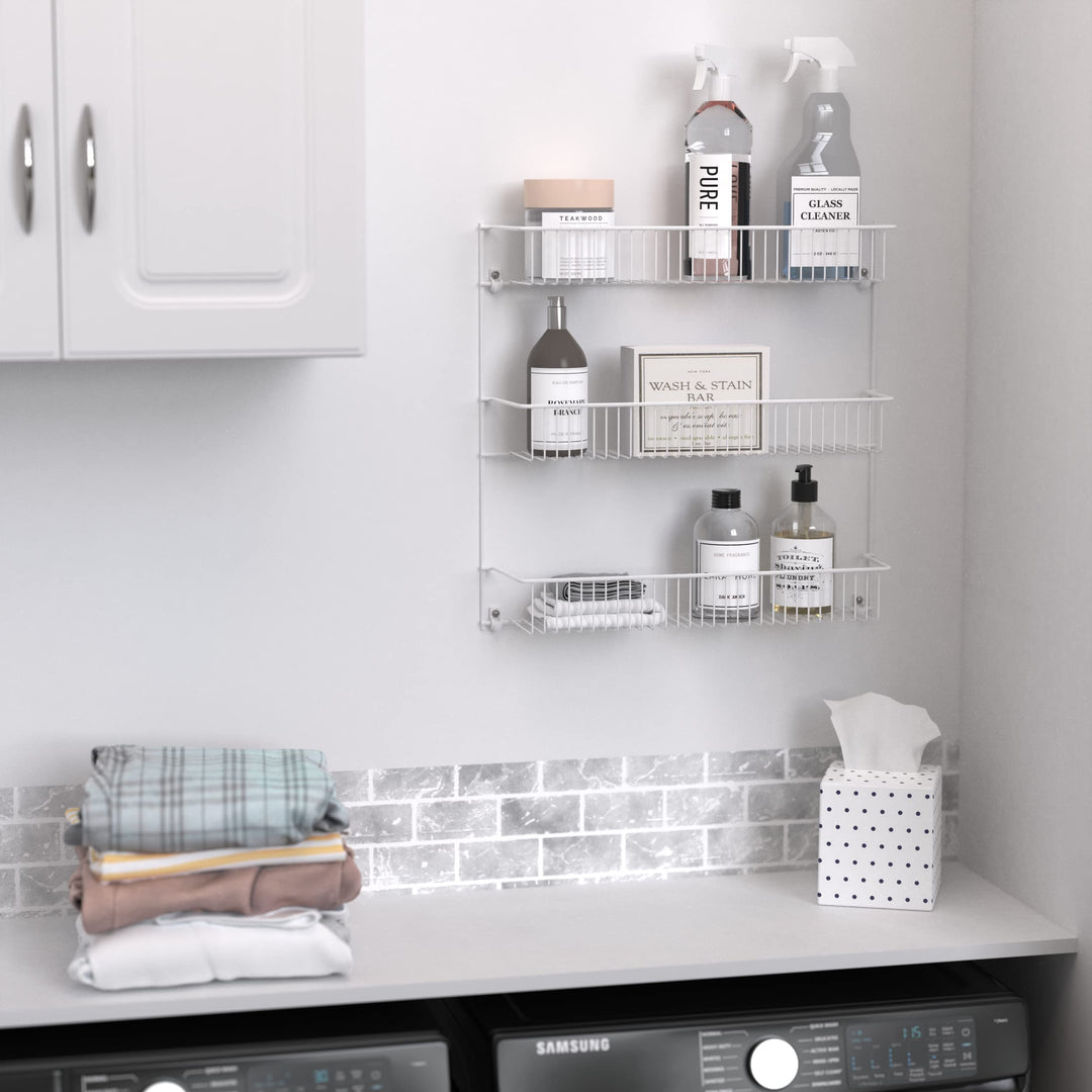 3-Tier Hanging Wall Mounted Metal Rack for Spices, Shelf Storage, Pantry Organization, Laundry, Kitchen, Bathroom, White, 18-Inch Wide