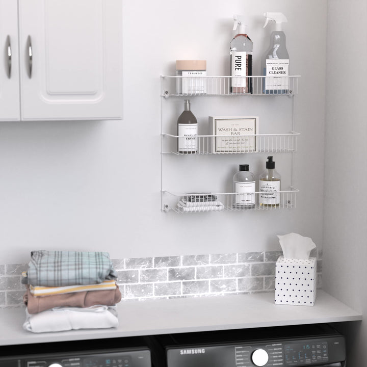 3-Tier Hanging Wall Mounted Metal Rack for Spices, Shelf Storage, Pantry Organization, Laundry, Kitchen, Bathroom, White, 18-Inch Wide