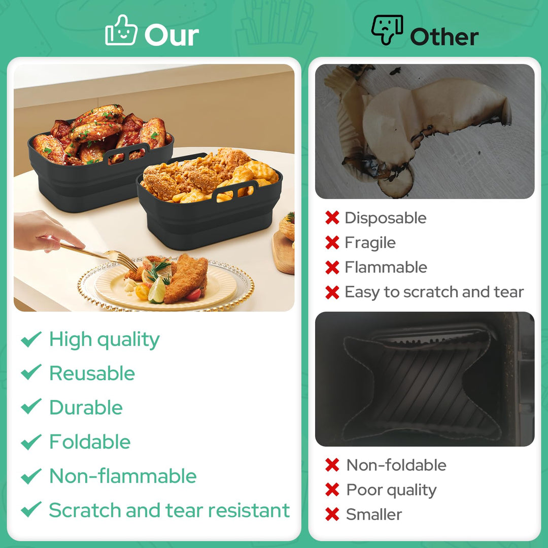 Alyvisun Air Fryer Silicone, 2PCS Reusable Dual Airfryer Accessories Liner Foldable Baking Rack Moulds Rectangular Basket Versatile Non Stick Tray (Black)