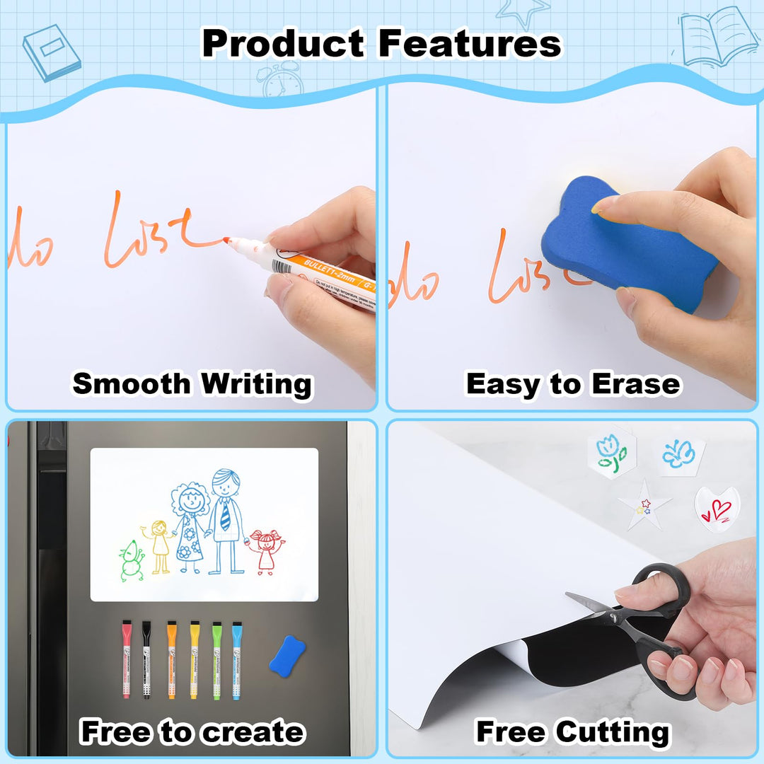 VynyQoo Magnetic Whiteboard for Fridge, 2-Pack A3 +A4 Dry Erase Magnet Boards with 6 Markers & 1 Eraser, Easy to Write and Wipe, Meal Weekly Planner for Home, Kitchen, Office, School