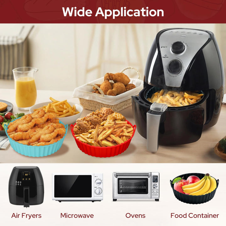 Alyvisun Air Fryer Silicone Liners, 3PCS Reusable Airfryer Basket Baking Tray Inserts Versatile Round Rack Pot for Microwave, Oven, Red+Black+Blue