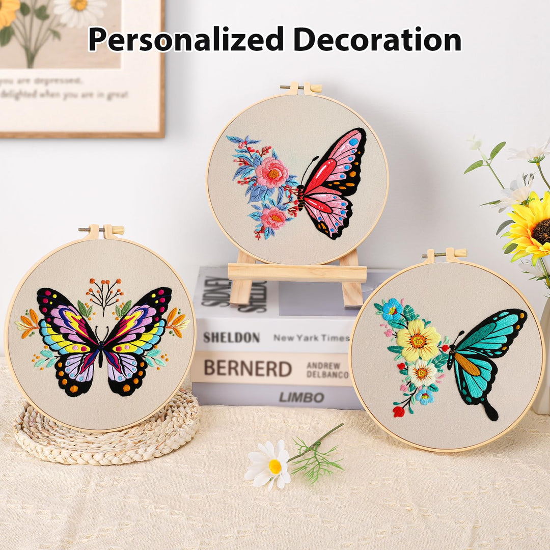 VynyQoo 3pcs Embroidery Kits Butterfly, Embroidery Kit for Beginners, Embroidery Starter Kit Adults, Stamped Embroidery kit with Butterfly Pattern, DIY Craft Embroidery with Video Tutorial Instruction