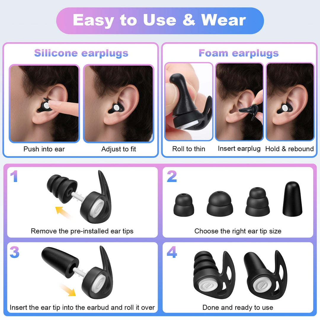 Alyvisun 2 Pair Noise Cancelling Ear Plugs for Sleep with Portable Storage Cases, Reusable Silicone Sleeping Ear Plugs and Ultra Soft Foam Earplugs in Different Sizes, Max 25dB