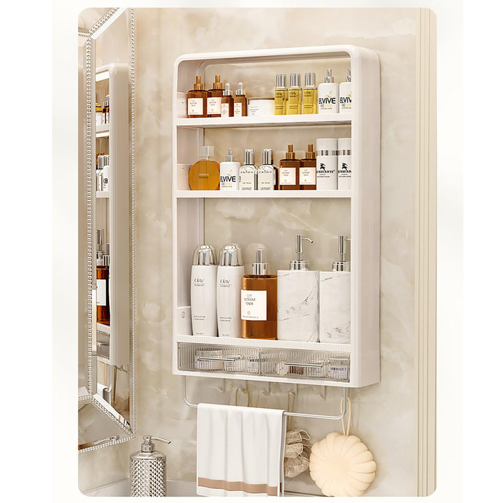 No Drilling Adhesive Wall Mounted Storage Rack, with 6 Hooks,Drawer and Towel Railbathroom Organiser for Kirchen Or Restroom