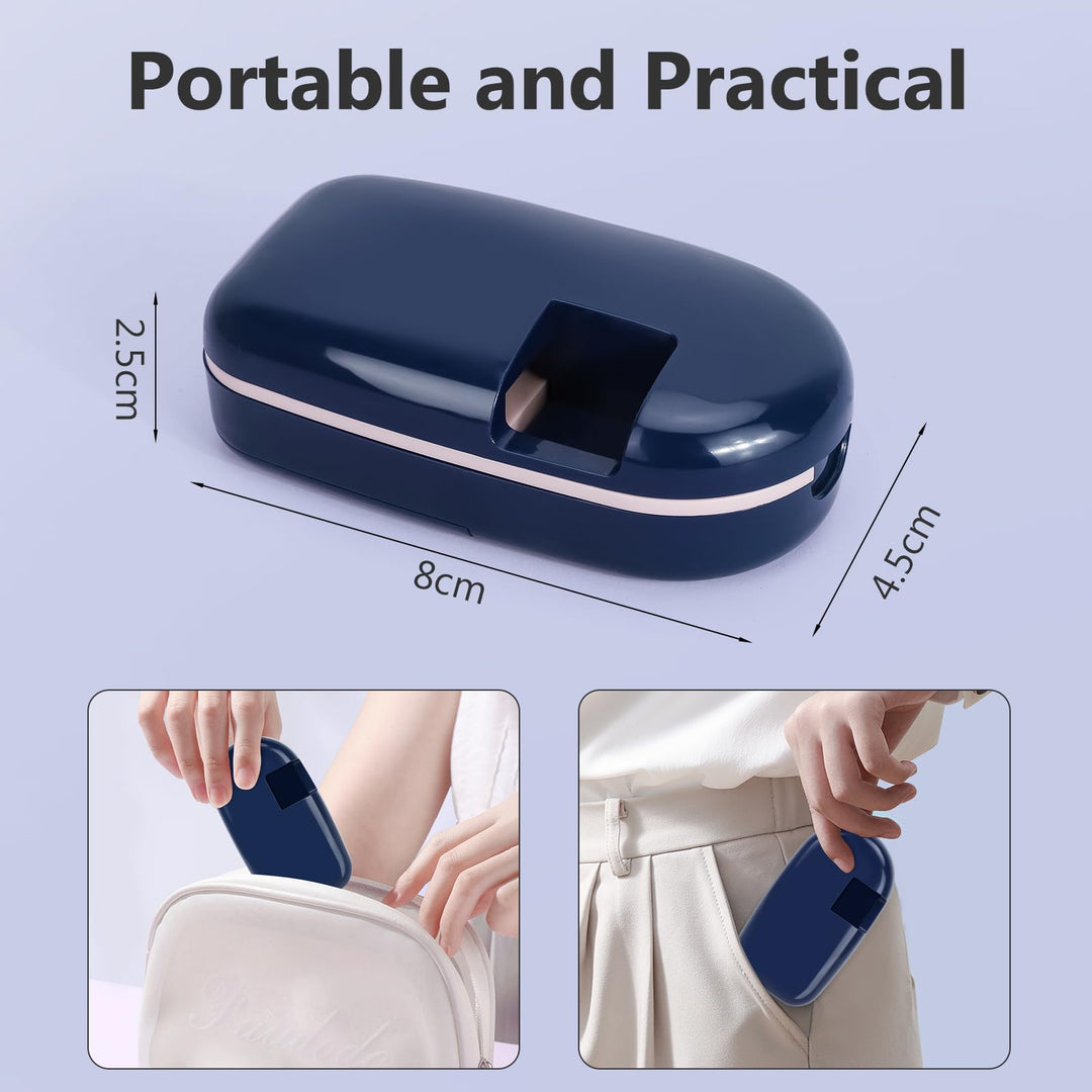 Alyvisun Pill Cutter for Small or Large Pills, Portable Pill Splitter & Tablet Cutter, V-Shaped Cutting with Grinding, Auto Slides Out Pill, Safety Blade Guard & Sliding Storage (Blue)