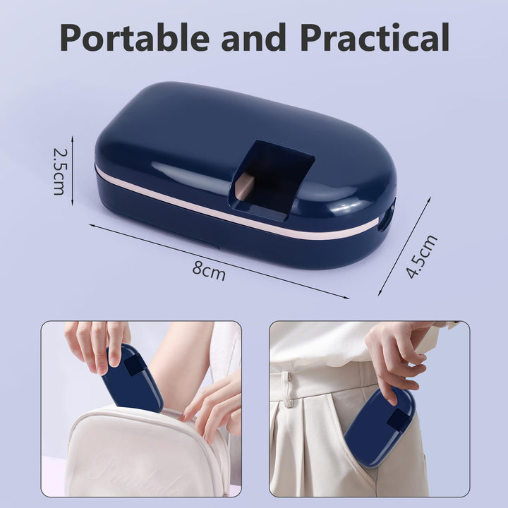 Alyvisun Pill Cutter for Small or Large Pills, Portable Pill Splitter & Tablet Cutter, V-Shaped Cutting with Grinding, Auto Slides Out Pill, Safety Blade Guard & Sliding Storage (Blue)