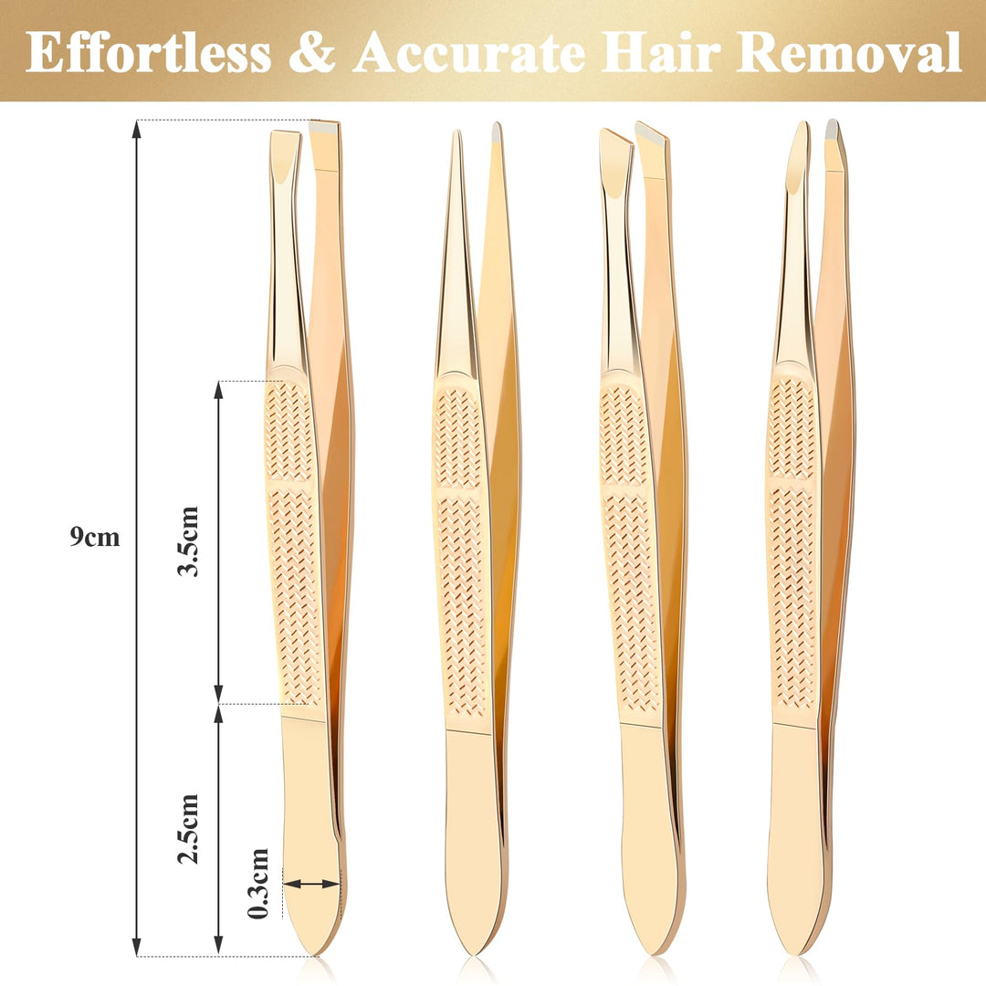 Alyvisun 4Pcs Professional Tweezers for Facial Hair Women and Men, Portable Stainless Steel Eyebrow Tweezers Set, Precision Tweezers for Ingrown Hair (Golden), Gold