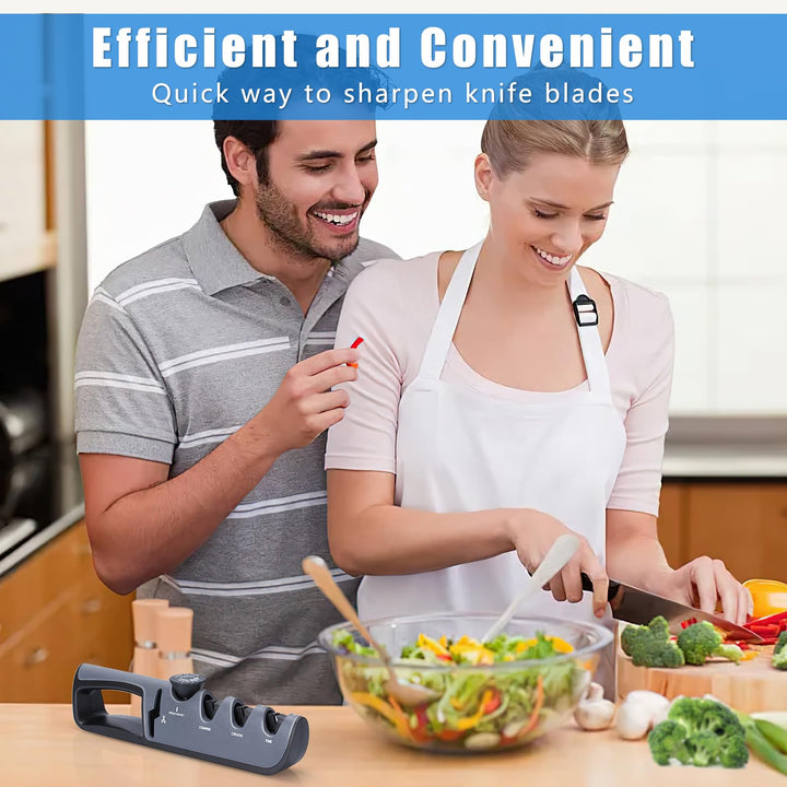 Alyvisun Kitchen Knife Sharpener, Manual 4 in 1, Ergonomic Handle, Non-Slip Base (Black)
