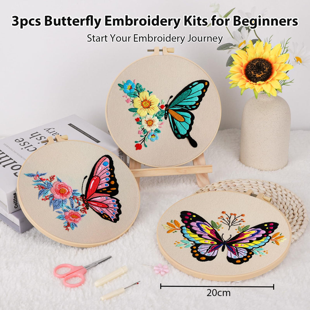 VynyQoo 3pcs Embroidery Kits Butterfly, Embroidery Kit for Beginners, Embroidery Starter Kit Adults, Stamped Embroidery kit with Butterfly Pattern, DIY Craft Embroidery with Video Tutorial Instruction