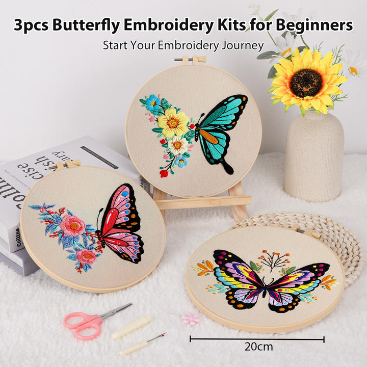 VynyQoo 3pcs Embroidery Kits Butterfly, Embroidery Kit for Beginners, Embroidery Starter Kit Adults, Stamped Embroidery kit with Butterfly Pattern, DIY Craft Embroidery with Video Tutorial Instruction