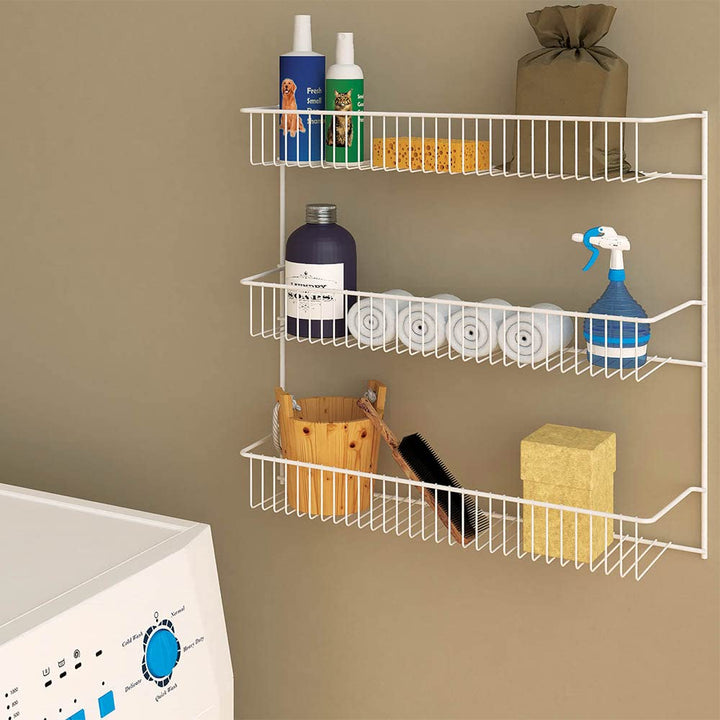 3-Tier Hanging Wall Mounted Metal Rack for Spices, Shelf Storage, Pantry Organization, Laundry, Kitchen, Bathroom, White, 18-Inch Wide