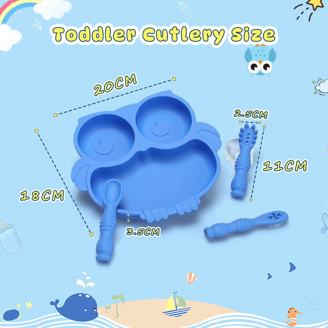 Alyvisun Owl Silicone Suction Plate for Baby, Toddler Cutlery with 3 Spoon Fork Non-Slip Weaning Bowls Feeding Divided Plates Set for High Chairs Tray (Blue)