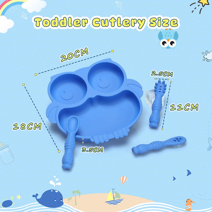 Alyvisun Owl Silicone Suction Plate for Baby, Toddler Cutlery with 3 Spoon Fork Non-Slip Weaning Bowls Feeding Divided Plates Set for High Chairs Tray (Blue)