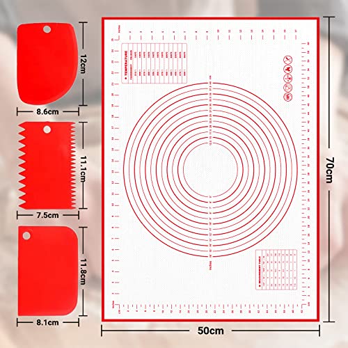 Alyvisun Silicone Baking Pastry Mat with 3 Scrapers 70×50CM Non-Stick Pizza Accessories Pad Anti-Slip Fondant Rolling Tray Dough Kneading Sheet Liner for Cake, Pie, Bread (Red)