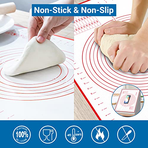 Alyvisun Silicone Baking Pastry Mat with 3 Scrapers 70×50CM Non-Stick Pizza Accessories Pad Anti-Slip Fondant Rolling Tray Dough Kneading Sheet Liner for Cake, Pie, Bread (Red)