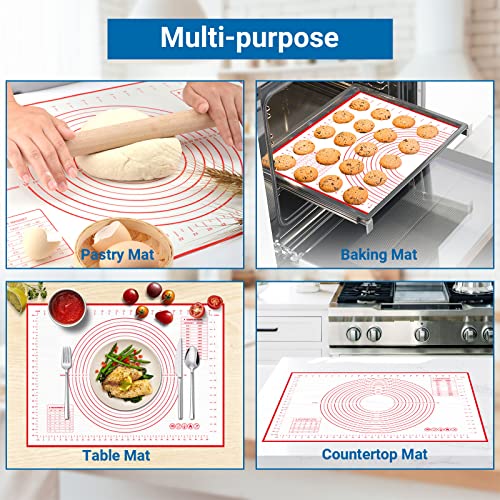 Alyvisun Silicone Baking Pastry Mat with 3 Scrapers 70×50CM Non-Stick Pizza Accessories Pad Anti-Slip Fondant Rolling Tray Dough Kneading Sheet Liner for Cake, Pie, Bread (Red)