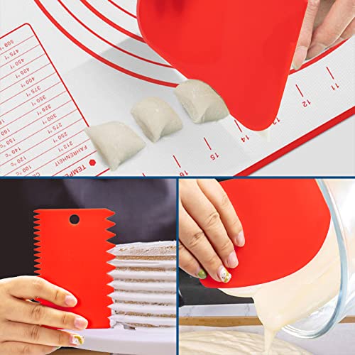 Alyvisun Silicone Baking Pastry Mat with 3 Scrapers 70×50CM Non-Stick Pizza Accessories Pad Anti-Slip Fondant Rolling Tray Dough Kneading Sheet Liner for Cake, Pie, Bread (Red)